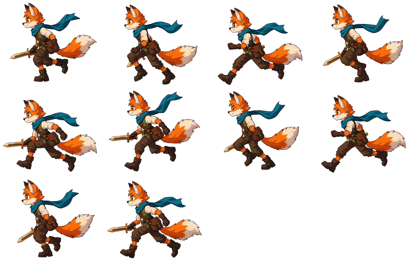 A side-on fox courier running across a transparent sprite sheet