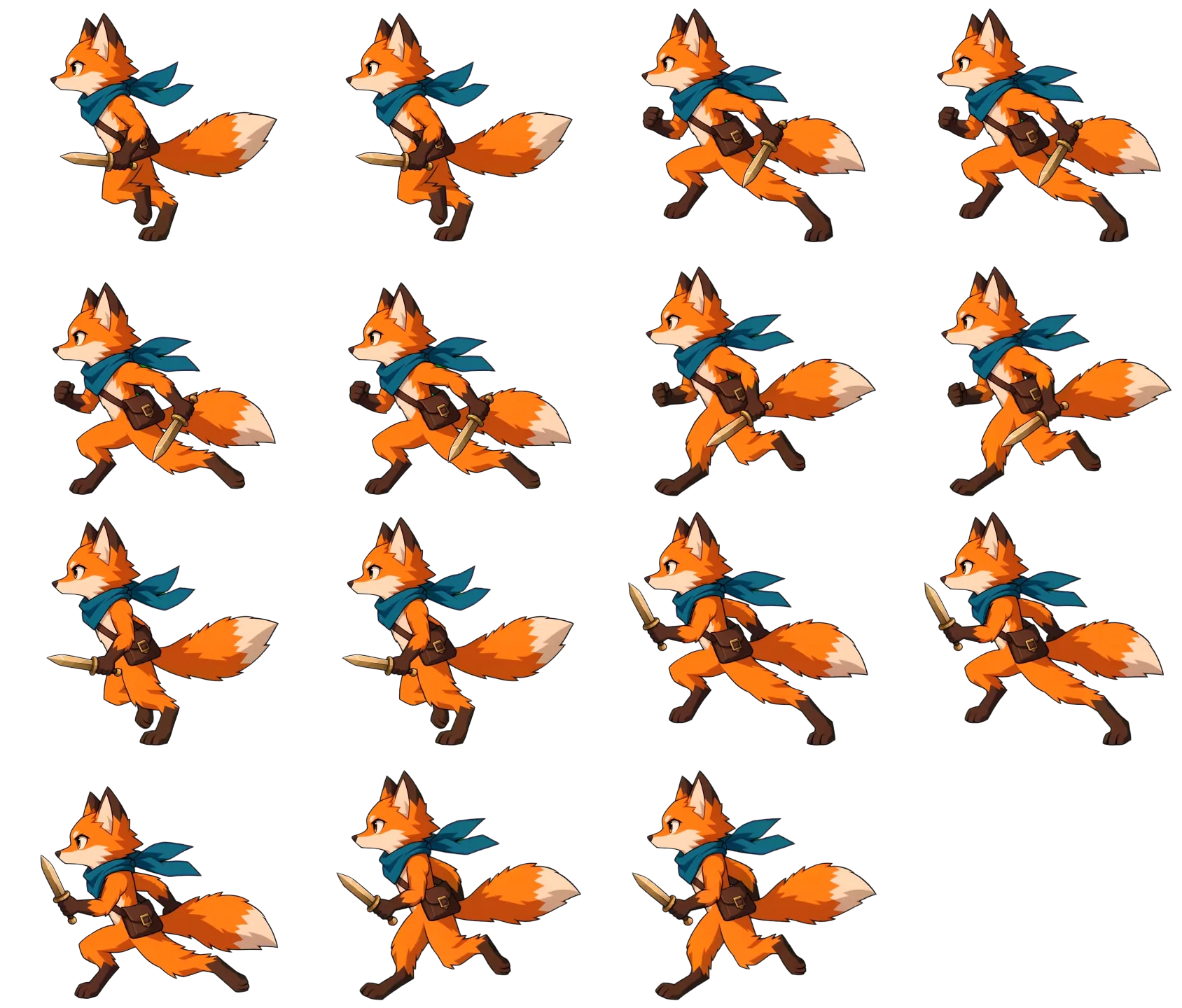 A side-on fox courier running across a transparent sprite sheet