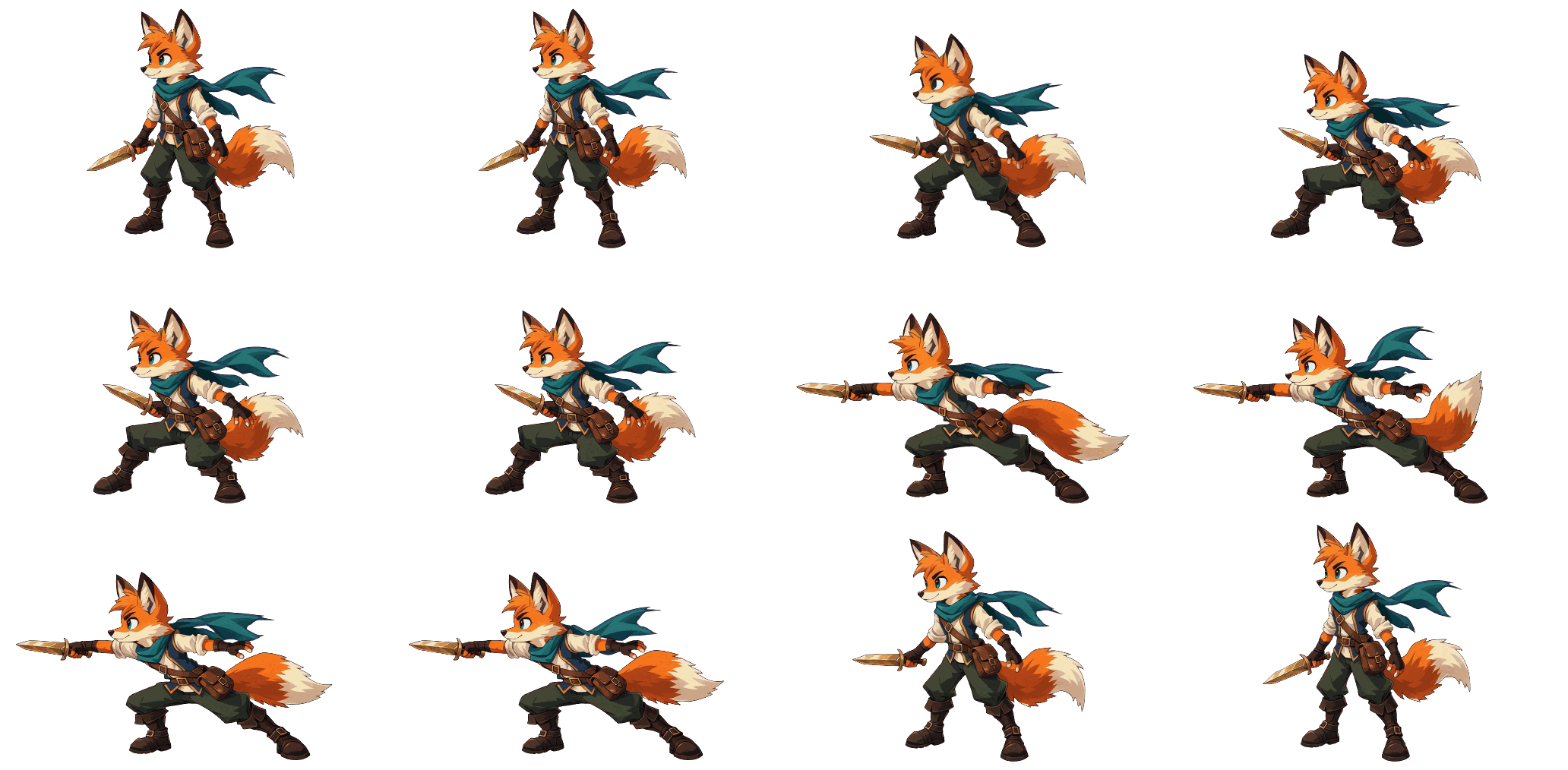 A three-quarter fox courier attacking across a transparent sprite sheet