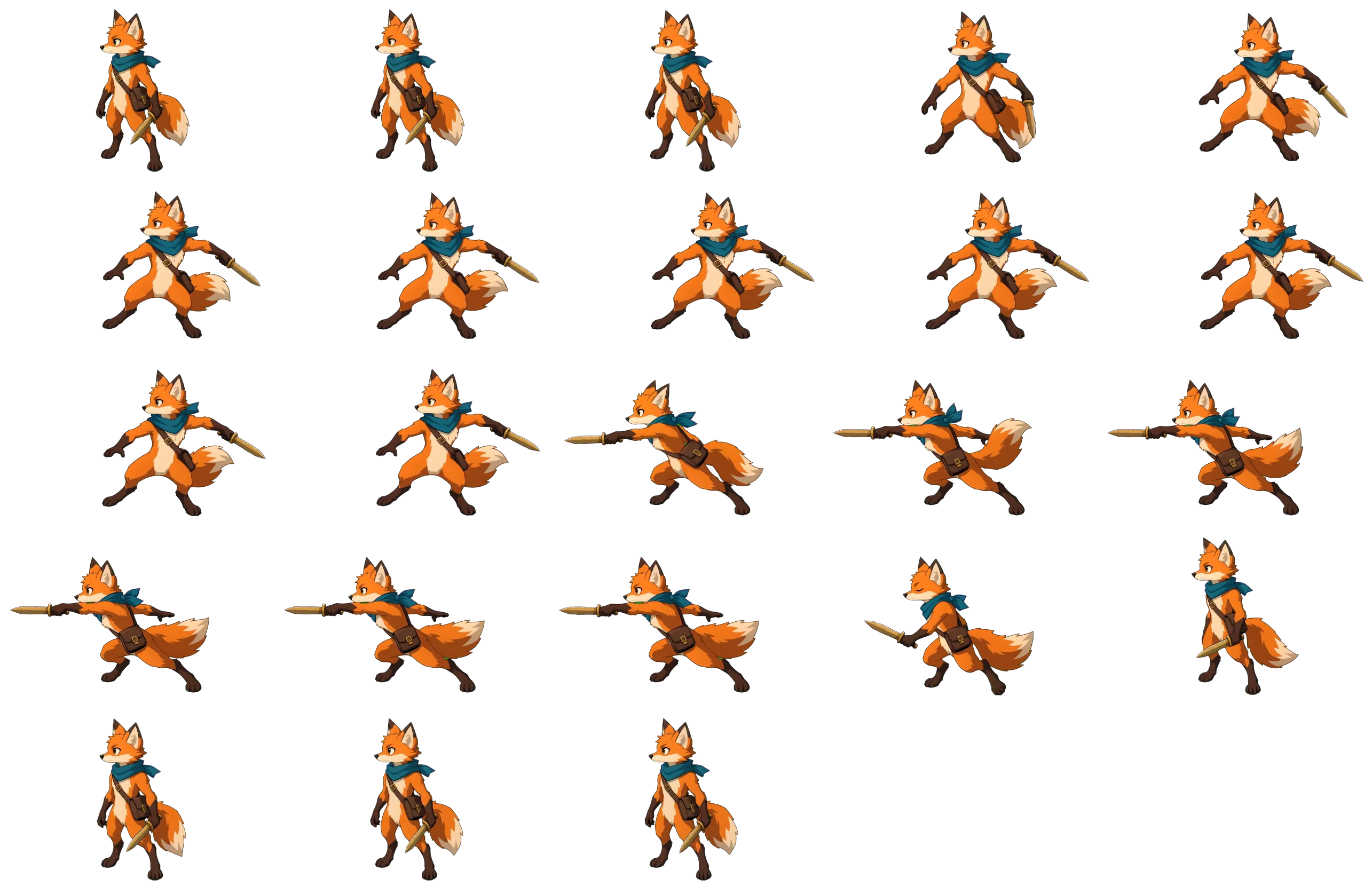 A three-quarter fox courier attacking across a transparent sprite sheet